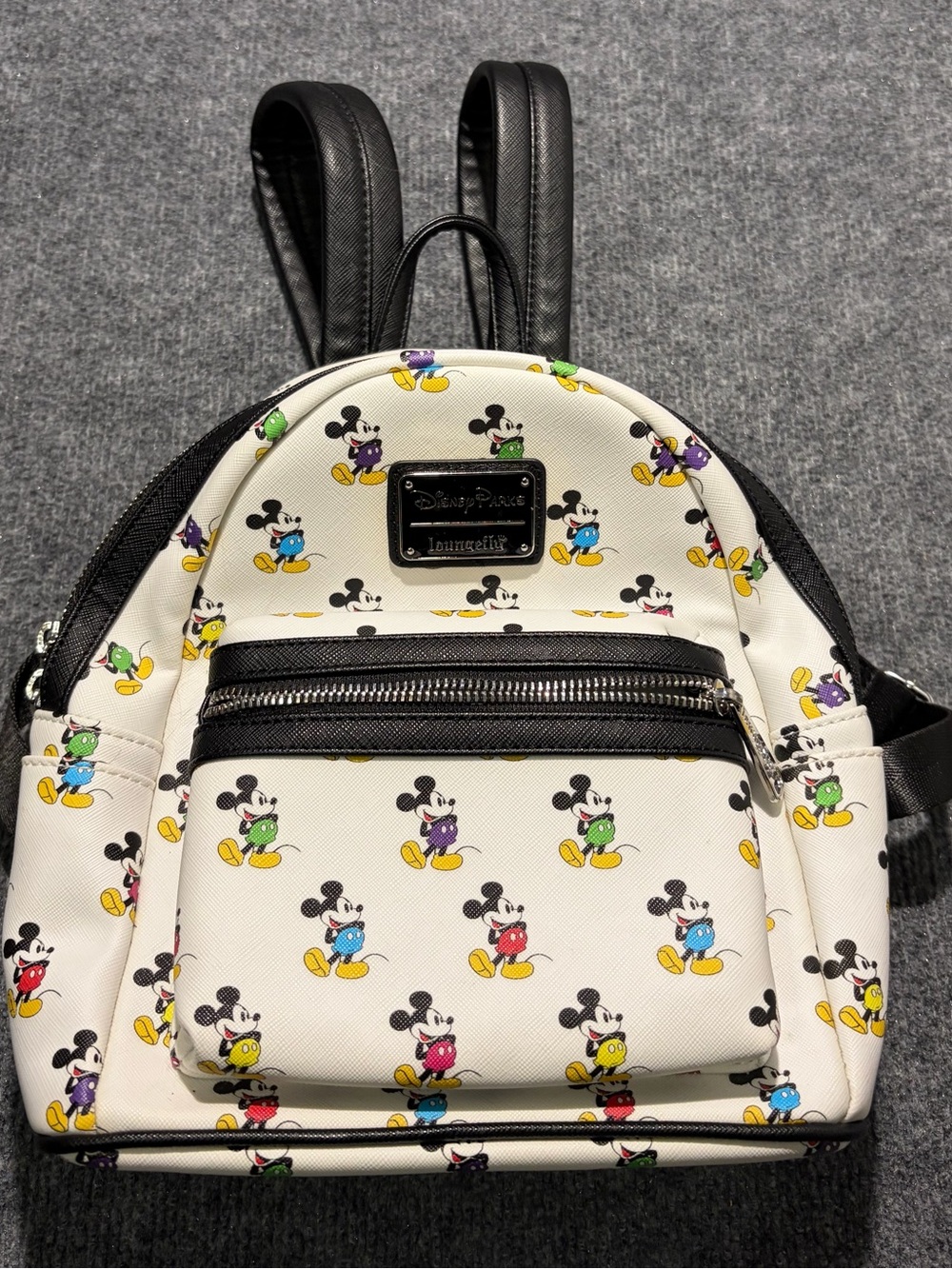 Loungefly White Mickey Pattern Mini Backpack with Multi-Color Accents